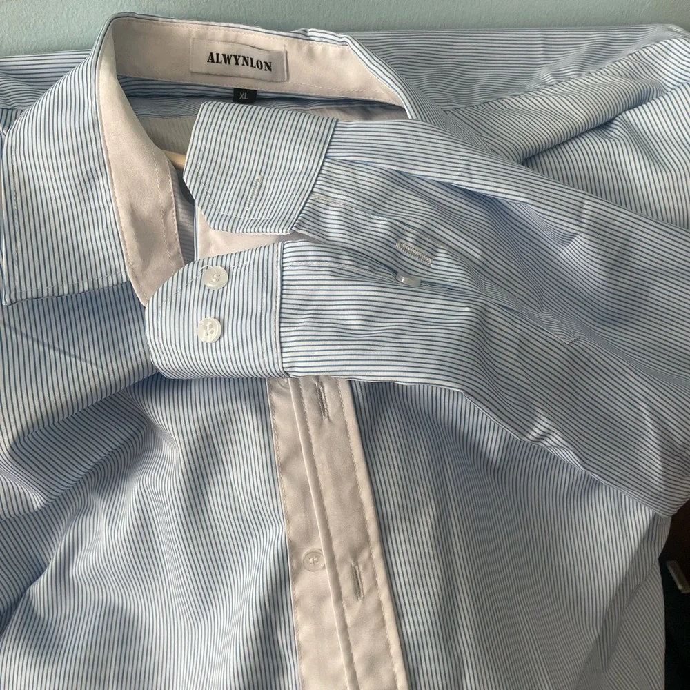 Mens Fashion Striped Shirt Casual Long Sleeve Light blue Xlarge brand new - Picture 6 of 6
